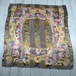 VALENTINO Brown Golden Striped Silk w/ logo Floral Print Vintage Scarf 33x34